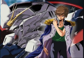 1990s_(style) 1boy absurdres blue_eyes brown_hair commentary_request green_eyes gundam gundam_wing heero_yuy highres jacket long_hair male_focus mecha mobile_suit open_clothes retro_artstyle robot science_fiction short_hair sind_ngmhn28 solo v-fin wing_gundam_zero