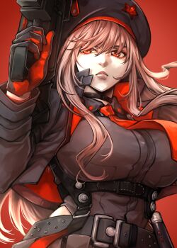 1girl belt black_belt black_choker black_gloves black_hat black_jacket black_shirt breasts brown_hair chest_harness choker closed_mouth commentary gloves goddess_of_victory:_nikke gun harness hat highres holding holding_gun holding_weapon jacket large_breasts lips necktie rapi_(nikke) red_background red_eyes red_necktie ryuuen_tanaka shirt solo upper_body weapon