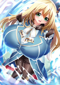 1girl arms_up atago_(kancolle) beret black_gloves black_pantyhose blonde_hair blue_hat blue_jacket blue_skirt bow bowtie breasts commentary_request frilled_sleeves frills fur_collar gloves green_eyes hair_between_eyes hat highres huge_breasts jacket kantai_collection kogawawaki long_hair looking_at_viewer military_uniform open_mouth pantyhose shirt skirt smile solo taut_clothes thick_thighs thighs water waves white_bow white_bowtie white_shirt
