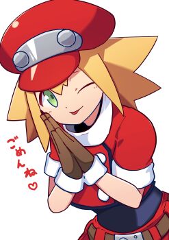 1girl absurdres black_bodysuit blonde_hair bodysuit brown_gloves closed_mouth commentary_request cowboy_shot cropped_jacket gloves green_eyes hat heart highres jacket kanisawa_yuuki medium_hair mega_man_(series) mega_man_legends_(series) newsboy_cap one_eye_closed red_jacket red_shorts roll_caskett_(mega_man) shorts simple_background solo tongue tongue_out white_background