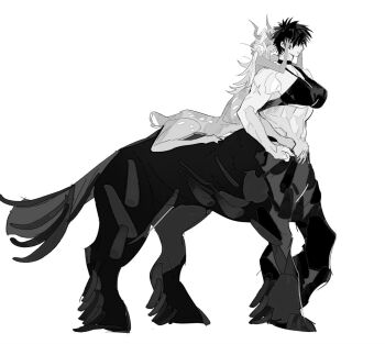 2girls centaur centauroid deer_girl full_body greyscale hands_in_another's_hair highres horns horseback_riding long_hair monochrome monster_girl multiple_girls muscular muscular_female original riding s_xing_guowang short_hair simple_background taur white_background yuri