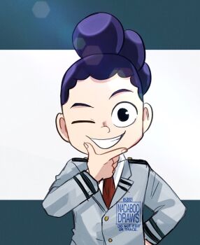 Rule 34 | 1girl, black eyes, boku no hero academia, commentary, dated, english commentary, grey jacket, grin, hand on own chin, hand on own hip, highres, jacket, lens flare, male focus, mineta minoru, nadaboodraws, necktie, one eye closed, purple hair, red necktie, school uniform, smile, solo, u.a. school uniform, upper body, watermark
