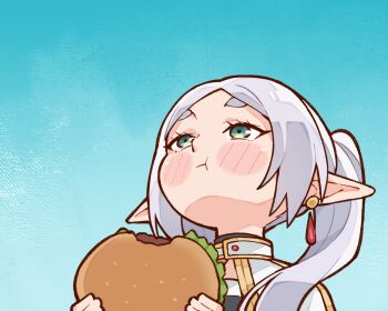 1girl :t blue_sky blush_stickers burger capelet chibi commentary earrings eating elf english_commentary food food_in_mouth frieren gold_trim green_eyes grey_hair hair_over_shoulder head_back highres holding holding_burger holding_food jewelry kukie-nyan long_pointy_ears looking_up meme parted_bangs pointy_ears shirt simple_background sky solo sousou_no_frieren striped_clothes striped_shirt teardrop_earrings thick_eyebrows twintails upper_body upward_angle_frieren_drawing_(meme) white_capelet
