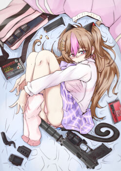 .45_acp .45_acp_+p 1girl ammunition an/peq-6 animal_ears blue_eyes blush bra bullet cat_ears cat_tail condom_box flashlight girls&#039;_frontline gun h&amp;k_mark_23 handgun handgun_cartridge heart heart-shaped_pupils heckler_&amp;_koch heterochromia insight_technology kac_mk23_suppressor knight&#039;s_armament_company laser_aiming_module laser_pointer laser_sight light_brown_hair lying magazine_(weapon) match_grade match_grade_ammunition match_grade_firearm match_grade_pistol military_cartridge minami_shin_(zenshuu_bougyo) mk23_(girls&#039;_frontline) mk23_(new_term_begins_with_a_meow)_(girls&#039;_frontline) multicolored_hair offensive_handgun official_alternate_costume okamoto_condoms on_bed on_side overpressure_ammunition panties pink_panties pistol_cartridge red_eyes see-through_clothes smile solo streaked_hair subsonic_ammunition suppressor symbol-shaped_pupils tactical_light tail underwear weapon