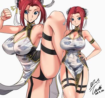1girl absurdres artist_name ass bare_shoulders black_panties blue_eyes breasts china_dress chinese_clothes cleavage cleavage_cutout clothing_cutout code_geass collarbone dress female_focus fighting_stance floral_print floral_print_dress gluteal_fold hand_on_own_hip highres kouzuki_kallen large_breasts leg_up looking_at_viewer panties parted_bangs print_dress red_hair simple_background thick_thighs thigh_strap thighs two-tone_dress underwear white_background yoo_tenchi
