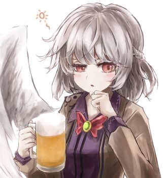 1girl absurdres alcohol angel_wings bad_id bad_pixiv_id beer beer_mug blush bow braid breasts brooch brown_jacket cup dress female_focus half_up_braid hand_up highres jacket jewelry kishin_sagume long_sleeves looking_to_the_side mug parted_lips purple_dress raised_eyebrow red_eyes short_hair silver_hair simple_background single_wing solo thkani tipsy touhou upper_body white_background white_wings wings