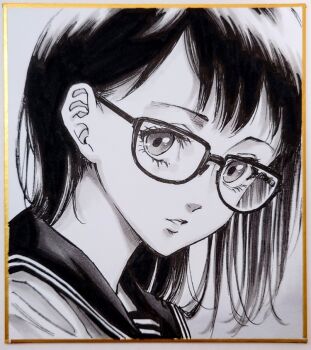 1girl commentary_request expressionless eyelashes glasses greyscale hair_behind_ear looking_at_viewer makomako1061 medium_hair monochrome original parted_lips photo_(medium) portrait sailor_collar shikishi solo traditional_media