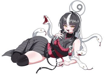 1girl absurdres azami_(blue_archive) black_hair black_kimono black_nails black_thighhighs blue_archive breasts days_(user_zehd4554) forked_tongue grey_halo halo highres japanese_clothes kimono large_breasts looking_at_viewer multicolored_hair sleeveless sleeveless_kimono slit_pupils snake snake_hair solo thighhighs tongue two-tone_hair white_hair white_snake yellow_eyes