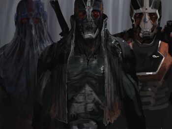 3boys armor artificial_eye biorider blue_armor compound_eyes gold_armor green_armor green_jacket highres holding_behind_back holding_weapon_behind_back jacket kamen_rider kamen_rider_black_rx kamen_rider_black_rx_(series) kingstone machine male_focus mechanical_eye multiple_boys orange_armor organic red_eyes revolcane rider_belt rintaro_komori roborider robot weapon weapon_on_back