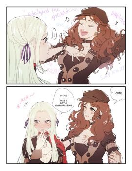 2girls ascot blush breasts brown_hair cape choker cleavage closed_eyes darkgreyclouds dorothea_arnault earrings edelgard_von_hresvelg english_text fire_emblem fire_emblem:_three_houses gloves green_eyes hair_ornament hair_ribbon hat highres jewelry long_hair multiple_girls music nintendo open_mouth pantyhose red_cape ribbon short_hair simple_background singing smile uniform upper_body yuri