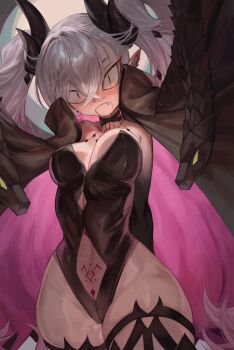 <|>_<|> 1girl absurdres alternate_costume arms_behind_back bare_arms black_choker black_cloak black_hands black_horns black_leotard blush body_markings breasts choker cloak clothing_cutout collared_cloak colored_extremities commentary cowboy_shot crossed_bangs demon_girl demon_horns diamond_cutout earclip english_commentary fang fate/grand_order fate_(series) floating_cape full_moon gradient_hair grey_hair groin hair_between_eyes hair_intakes highleg highleg_leotard highres horns latex latex_leotard leotard lilith_(fate) long_hair looking_at_viewer m0_chi medium_breasts moon multicolored_hair navel_cutout night open_mouth outdoors pointy_ears pubic_tattoo purple_cloak purple_hair slit_pupils snake solo stomach_tattoo strapless strapless_leotard surprised swept_bangs tattoo thigh_strap thighs tsurime twintails two-sided_fabric variant_set very_long_hair white_mouth wide-eyed wide_hips