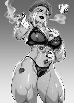 1girl abs absurdres artist_logo beret breasts cigar commentary english_commentary ericmartindood hand_on_own_hip hat highres holding holding_cigar implied_yuri large_breasts lingerie lipstick lipstick_mark logo makeup muscular muscular_female one_eye_closed original scar scar_across_eye scar_on_face sergeant_kasrack_(boneshotter) short_hair simple_background smile smoke smoke_trail solo thick_thighs thighs underwear yuri