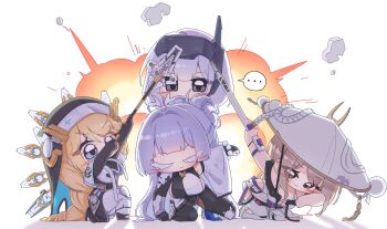 ... 4girls absurdres arm_guards armored_bodysuit bare_shoulders blonde_hair blue_eyes blush braid breasts brown_eyes cleavage closed_eyes closed_mouth colored_eyelashes explosion full_body gloves goddess_of_victory:_nikke grey_hair hair_between_eyes hashtag-only_commentary head-mounted_display highres holding holding_sword holding_weapon horns large_breasts large_hat long_braid long_hair long_sleeves looking_at_viewer mechanical_arms mechanical_horns multiple_girls nayuta_(nikke) nun rapunzel_(nikke) scarlet_(nikke) single_mechanical_arm smile snow_white_(nikke) sword very_long_hair vonobono3 weapon