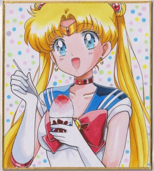bishoujo_senshi_sailor_moon blue_eyes blue_sailor_collar bow bowtie chikoto_(kztc4472) choker circlet collarbone crescent crescent_earrings double_bun earrings eating elbow_gloves gem gloves hair_bun hair_ornament highres jewelry lips looking_at_viewer parted_bangs red_bow red_bowtie red_choker red_gemstone sailor_collar sailor_moon sailor_senshi_uniform shirt smile traditional_media transformation_brooch_(sailor_moon) tsukino_usagi twintails white_shirt