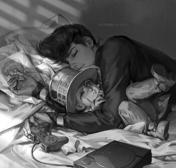 2boys artist_name closed_eyes commentary_request diamond_wa_kudakenai eyelashes frown game_console greyscale heaven&#039;s_door higashikata_josuke highres hug jacket jojo_no_kimyou_na_bouken kdash long_sleeves male_focus monochrome multiple_boys pillow playstation_1 playstation_controller pompadour realistic short_hair sleeping stand_(jojo)