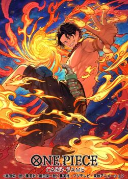 1boy arm_tattoo black_hair black_shorts boots bracelet commentary_request copyright_name devil_fruit_power fire freckles jewelry looking_at_viewer male_focus necklace official_art one_piece one_piece_card_game orange_sash otton pearl_necklace portgas_d._ace pouch short_hair shorts smile solo tattoo thigh_pouch topless_male