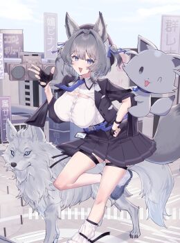 1girl absurdres animal_ears belt black_gloves black_hat black_jacket black_skirt blue_belt blue_eyes blue_necktie blue_ribbon blush breasts collared_shirt commentary_request commission fingerless_gloves gloves grey_hair hair_ornament hair_ribbon hat highres indie_virtual_youtuber jacket large_breasts leg_up looking_at_viewer loose_socks nanao_sakuya necktie open_clothes open_jacket open_mouth outdoors ribbon shirogami_seisho shirt short_hair skeb_commission skirt socks solo tail two_side_up virtual_youtuber white_shirt white_socks wolf wolf_ears wolf_girl wolf_tail
