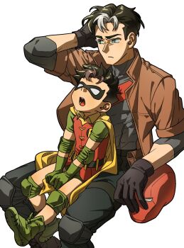 bat_signal batman_(series) batman_symbol black_bodysuit black_gloves black_hair blue_eyes bodysuit brown_jacket cape dc_comics domino_mask dual_persona eye_mask gloves grey_bodysuit highres holding jacket jason_todd male_focus mask multicolored_bodysuit multicolored_hair multiple_boys muscular muscular_male noobie_dc open_clothes pants red_hood_(dc) red_hood_and_the_outlaws red_mask robin_(dc) short_hair superhero_costume taut_bodysuit two-tone_bodysuit two-tone_hair yellow_cape