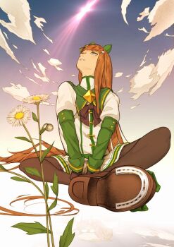 Rule 34 | 1girl, animal ears, black bow, black gloves, black pantyhose, blue eyes, blunt bangs, bow, brooch, cloud, commentary request, dandelion, ear covers, flower, gloves, green eyes, green sailor collar, green sleeves, hair ornament, hime cut, horse ears, horse girl, horse tail, horseshoe, jewelry, long hair, long sleeves, looking up, oki (koi0koi), open mouth, orange hair, orange tail, pantyhose, pleated skirt, sailor collar, shirt, shoes, shooting star, silence suzuka (innocent silence) (umamusume), silence suzuka (umamusume), sitting, skirt, sky, smile, solo, tail, umamusume, white shirt, white skirt