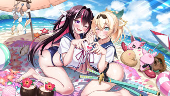 2girls absurdres alternate_costume azki_(hololive) barefoot beach bikini black_hair blonde_hair blue_bikini blue_eyes blue_sailor_collar blue_sky blush bow breasts closed_mouth cloud colored_inner_hair commentary_request four-finger_heart_hands hair_bow heart heart_hands heart_hands_duo highres hololive kazama_iroha looking_at_viewer medium_breasts multicolored_hair multiple_girls one_eye_closed open_mouth outdoors pink_hair pink_streaks pioneer_(azki) pokobee ponytail purple_eyes sailor_collar shirt sky streaked_hair swimsuit sword virtual_youtuber water weapon white_bow white_shirt white_streaks yokojima_kemomi_mi_chuushin
