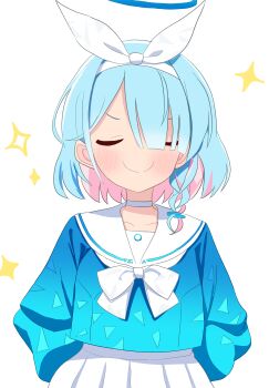1girl absurdres arona_(blue_archive) blue_archive blue_hair blue_halo blue_shirt blunt_bangs blush bow bowtie braid c: choker closed_eyes closed_mouth colored_inner_hair commentary_request doyagao facing_viewer hair_over_one_eye hair_ribbon hairband halo hands_on_own_hips highres long_bangs long_sleeves multicolored_hair pink_hair pleated_skirt puffy_long_sleeves puffy_sleeves ribbon sailor_collar school_uniform serafuku shirt short_hair simple_background single_braid skirt smile smug solo split_mouth two-tone_hair user_vrjz3558 v-shaped_eyebrows white_background white_bow white_bowtie white_choker white_hairband white_ribbon white_sailor_collar white_skirt