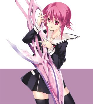 1girl black_dress black_skirt black_thighhighs chaos;child collarbone constricted_pupils d-sword dress dynamic_pose hekiho_academy hekiho_academy_school_uniform highres holding holding_sword holding_weapon hugging_object looking_at_viewer miniskirt no_dickey official_art onoe_serika pink_eyes pink_hair purple_background sailor_collar school_uniform science_adventure short_dress short_hair short_hair_with_long_locks sidelocks simple_background skirt smile sword thighhighs thighs two-tone_background weapon white_sailor_collar white_trim white_wrist_cuffs wrist_cuffs zettai_ryouiki