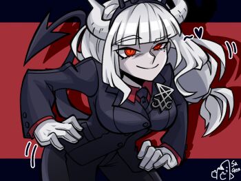 1girl black_suit business_suit chain demon_girl demon_horns demon_tail evil_smile formal_clothes grin helltaker highres horns long_hair looking_at_viewer lucifer_(helltaker) raised_eyebrows red_eyes sagen0603 smile solo suit tail white_hair