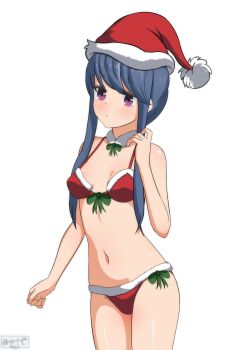 1girl absurdres bikini blue_hair bow breasts christmas green_bow hat highres looking_at_viewer navel official_alternate_hairstyle oxicmar purple_eyes santa_hat shima_rin simple_background small_breasts solo standing stomach swimsuit white_background yurucamp