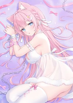 1girl animal_ear_fluff animal_ears babydoll bare_shoulders blue_eyes bound bound_wrists braid breasts cat_ears chain choker commentary_request extra_ears feet_out_of_frame fingernails frilled_babydoll frilled_choker frills hair_ornament hair_ribbon hairclip highres large_breasts light_blush long_fingernails long_hair looking_at_viewer lying navel on_side open_mouth original parted_lips pink_hair pink_ribbon ribbon see-through_babydoll see-through_clothes shano_hiyori skindentation solo thighhighs very_long_hair white_babydoll white_thighhighs