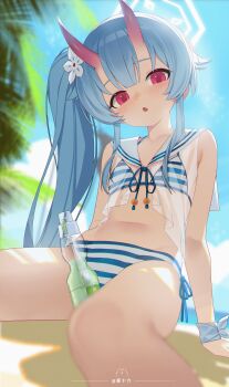 1girl absurdres artist_logo artist_name beach benpao_de_ruoji bikini blue_archive blue_hair blue_ribbon blurry blurry_background blush camisole chise_(blue_archive) chise_(swimsuit)_(blue_archive) commentary flat_chest flower gradient_horns hair_flower hair_ornament halo highres horns logo long_hair looking_at_viewer multicolored_horns navel official_alternate_costume oni open_mouth ramune red_eyes red_horns ribbon sailor_bikini sailor_collar see-through_camisole see-through_clothes side-tie_bikini_bottom side_ponytail sitting skin-covered_horns solo striped_bikini striped_clothes swimsuit white_flower white_halo white_sailor_collar