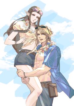 1boy 1girl arm_around_neck blonde_hair blue_eyes blue_shirt blue_sky bracelet breasts brown_hair cloud cloudy_sky couple cowboy_shot earrings flower flower_necklace grey_pants grey_shorts hair_between_eyes hair_ribbon hawaiian_shirt hetero jewelry kurokawa_karasu lei link long_hair medium_breasts midriff necklace nintendo open_clothes open_mouth open_shirt pants parted_bangs parted_lips pectorals pointy_ears princess_zelda print_shirt ribbon round_eyewear shirt short_hair shorts sidelocks sky smile sunglasses the_legend_of_zelda the_legend_of_zelda:_twilight_princess tied_shirt toned toned_male white_ribbon yellow_shirt