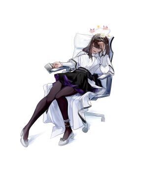 1girl absurdres arknights black_bow black_hairband black_pantyhose black_skirt bow brown_hair chair character_name coat commentary cup dizzy english_commentary footwear_bow full_body furiwo grey_eyes hair_between_eyes hairband hand_on_own_head highres holding kal&#039;tsit_(arknights) knees_together_feet_apart lab_coat long_sleeves medium_hair mug on_chair one_eye_closed open_mouth pantyhose priestess_(arknights) purple_skirt shirt shoes simple_background sitting skirt solo star_(symbol) swivel_chair theresa_(arknights) theresis_(arknights) two-sided_fabric two-sided_skirt white_background white_coat white_shirt white_shoes