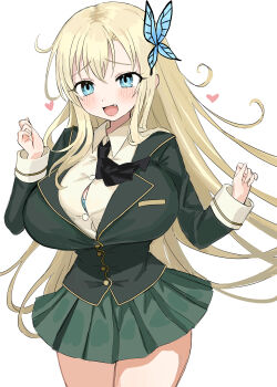 1girl absurdres bfmelu black_necktie blonde_hair blue_eyes blush boku_wa_tomodachi_ga_sukunai bra bra_peek breasts butterfly_hair_ornament collared_shirt commentary_request cowboy_shot fang green_jacket green_skirt hair_ornament hands_up heart highres jacket kashiwazaki_sena large_breasts long_hair long_sleeves looking_at_viewer necktie open_mouth pleated_skirt school_uniform shirt short_necktie simple_background skirt smile st._chronica_academy_school_uniform underwear very_long_hair white_background white_shirt winter_uniform