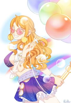 1girl artist_name balloon bangle bead_bracelet beads belt bikini bikini_top_only blue_bikini blue_skirt bracelet breasts bubble clima-tact commentary_request cowboy_shot earrings from_side glint grin highres holding holding_balloon holding_staff jewelry large_breasts long_hair looking_at_viewer nami_(one_piece) one_piece orange_hair pandar_op pink-framed_eyewear shirt sidelocks skirt smile solo staff sunglasses swimsuit tied_shirt wavy_hair white_shirt yellow-framed_eyewear