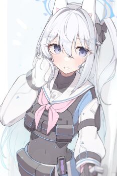 1girl animal_ear_hairband animal_ears black_bow blue_archive blue_halo blush bow commentary_request fake_animal_ears hair_between_eyes hair_bow hair_intakes hairband halo highres long_hair long_sleeves matchadzuke miyako_(blue_archive) neckerchief one_side_up partial_commentary pink_neckerchief puffy_long_sleeves puffy_sleeves purple_eyes rabbit_ear_hairband rabbit_ears sailor_collar solo very_long_hair white_hair white_sailor_collar