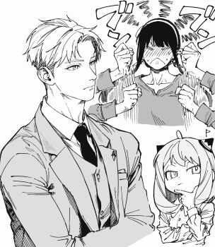 1boy 2girls ahoge anya_(spy_x_family) blush child closed_eyes closed_mouth collarbone collared_shirt cropped_torso greyscale hairband hand_on_own_chin hands_up highres jacket long_hair long_sleeves monochrome motion_lines multiple_girls necktie nose_blush open_clothes open_jacket p_notninjin parted_bangs shirt short_hair simple_background spy_x_family stroking_own_chin twilight_(spy_x_family) yor_briar