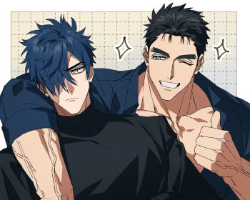 Rule 34 | 2boys, arm around shoulder, arm on another's head, bara, black hair, black shirt, blue eyes, blue shirt, bodybuilder, burn scar, domo (domo kizusuki), grey eyes, hair over one eye, highres, kokado shido (domo), kokuryu kai (domo), large pectorals, looking at another, looking to the side, male focus, manly, multiple boys, muscular, muscular arms, muscular male, one eye closed, original, partially open shirt, pectoral cleavage, pectorals, scar, scar across eye, scar on face, shirt, short hair, shredded muscles, sideburns, simple background, slit pupils, smile, sparkle, spiked hair, tareme, thumbs up, turtleneck, turtleneck shirt, v-taper, veins, veiny arms