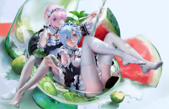 2girls apron bad_link black_dress black_ribbon blue_hair dress food fruit glasses leaf lime_(fruit) lime_slice maid_apron multiple_girls purple_eyes re:zero_kara_hajimeru_isekai_seikatsu rem_(re:zero) ribbon socks watermelon white_socks