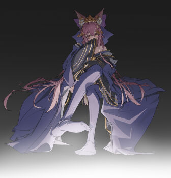1girl absurdres animal_ear_fluff animal_ears bare_shoulders black_background blue_kimono collarbone commentary_request covered_mouth covering_own_mouth fate/grand_order fate_(series) fox_ears fox_girl gold_trim hair_between_eyes hair_ornament hairpin highres japanese_clothes kimono long_hair pantyhose shuchream sleeves_past_fingers sleeves_past_wrists solo tamamo_no_mae_(fate) tamamo_no_mae_(third_ascension)_(fate) very_long_hair white_pantyhose wide_sleeves