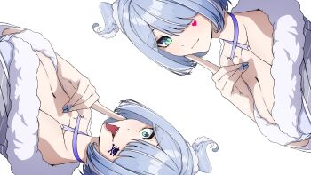 1girl absurdres blue_eyes blue_hair breasts daydarion dual_persona elira_pendora gnosia hair_ornament hair_over_one_eye head_wings highres long_hair looking_at_viewer nijisanji nijisanji_en one_eye_covered open_mouth parody smile solo virtual_youtuber white_background wings