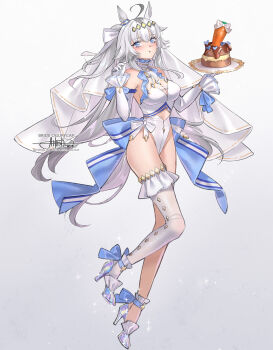 Rule 34 | 1girl, absurdres, ahoge, animal ears, bare shoulders, blue bow, blue eyes, blush, bow, breasts, bridal veil, bride, cake, carrot, cleavage, closed mouth, collar, commentary request, detached sleeves, dress, ear ornament, eating, food, fork, frilled collar, frills, full body, gloves, grey hair, hair between eyes, hair ornament, hairband, highres, holding, holding fork, holding plate, horse ears, horse girl, long hair, medium breasts, multicolored hair, oguri cap (umamusume), plate, princess ailish, shoes, simple background, single thighhigh, solo, sparkle, thighhighs, umamusume, veil, very long hair, wedding dress, white dress, white gloves, white thighhighs, white veil