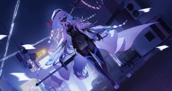 1girl absurdres animal_ears armor backlighting bare_shoulders black_gauntlets black_pantyhose blue_eyes blue_thighhighs breasts cape cityscape clawed_gauntlets crossed_bangs detached_hood detached_sleeves faulds full_body hair_between_eyes highres katana long_hair mask medium_breasts night on_rooftop original pantyhose respirator rooftop see-through_clothes shangtianrudi_xiaobailang solo standing sword tail thighhighs underboob very_long_cape weapon white_cape white_hair wide_sleeves wolf_ears wolf_girl wolf_tail