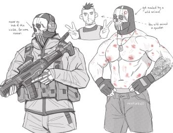 2boys abs anger_vein artist_name bara bite_mark bulletproof_vest call_of_duty call_of_duty:_modern_warfare_2 double_v english_text fingerless_gloves ghost_(modern_warfare_2) gloves greyscale gun hands_on_own_hips highres holding holding_gun holding_weapon implied_yaoi ives_navarro jacket large_pectorals male_focus mask monochrome multiple_boys muscular muscular_male navel nipple_piercing nipples pants pectorals piercing short_hair skull_mask soap_(modern_warfare_2) v weapon