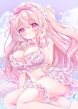 1girl absurdres ass bare_shoulders barefoot bikini blush bow bowtie breasts chiika_(cure_cherish) cleavage detached_collar hair_bow hair_ornament headdress highres jewelry large_breasts long_hair looking_at_viewer navel original pink_bikini pink_bow pink_eyes pink_hair ribbon solo stomach swimsuit thighlet tia_(chiika_cure_cherish) white_bikini white_bow wrist_cuffs yume_kawaii