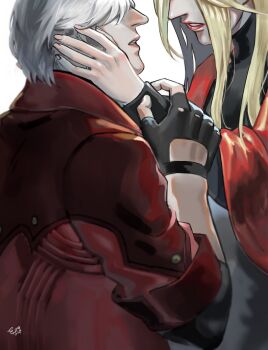 Rule 34 | 1boy, 1girl, blonde hair, coat, dante (devil may cry), devil may cry (series), devil may cry 4, eva (devil may cry), fingerless gloves, gloves, hand on another's face, highres, linkget5501, long hair, medium hair, red coat, signature, simple background, white background, white hair