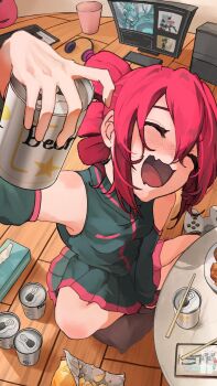 1girl arm_up bag_of_chips beer_can blush can chips_(food) chopsticks closed_eyes controller drink_can fang food from_above full_body game_controller hatsune_miku headphones highres holding holding_can indian_style kasane_teto kasane_teto_(utau) monitor noomu03100 on_floor open_mouth sitting skin_fang solo table utau wooden_floor