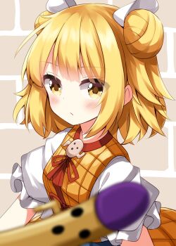 Rule 34 | 1girl, armor, armored dress, blonde hair, blurry, blurry foreground, blush, brown background, closed mouth, commentary request, double bun, dress, hair bun, hair ribbon, haniwa (statue), highres, joutouguu mayumi, looking at viewer, ribbon, ruu (tksymkw), short hair, short sleeves, solo, touhou, upper body, white ribbon, yellow dress