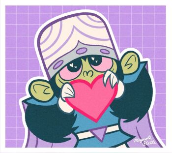 1boy belt black_eyes black_fur blue_tunic cape chimpanzee colored_sclera colored_skin gloves grey_skin grid_background heart heart_in_eye helmet holding holding_heart looking_at_viewer magnolia-belle male_focus mojo_jojo powerpuff_girls purple_background purple_cape red_sclera signature sleeveless symbol_in_eye tunic upper_body valentine white_belt white_gloves