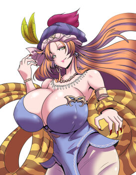 Rule 34 | 1girl, bare shoulders, belladonna (seiken densetsu 3), breasts, cleavage, curvy, earrings, fingernails, green eyes, hat, highres, huge breasts, isabella (seiken densetsu 3), jewelry, long fingernails, long hair, nail polish, necklace, orange hair, red nails, seiken densetsu, seiken densetsu 3, solo, tagme, torii5011