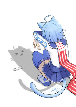 >_< 1girl :3 absurdres animal_ears artist_name atlanta_(warship_girls_r) blue_hair blue_sailor_collar blue_sky blue_thighhighs cape cat_ears cat_girl cat_shadow_puppet_(meme) cat_tail crayon crossed_arms from_above from_behind full_body garter_straps highres meme red_cape sailor_collar shadow shirt simple_background sky solo tail thighhighs warship_girls_r white_background white_shirt williamb x3